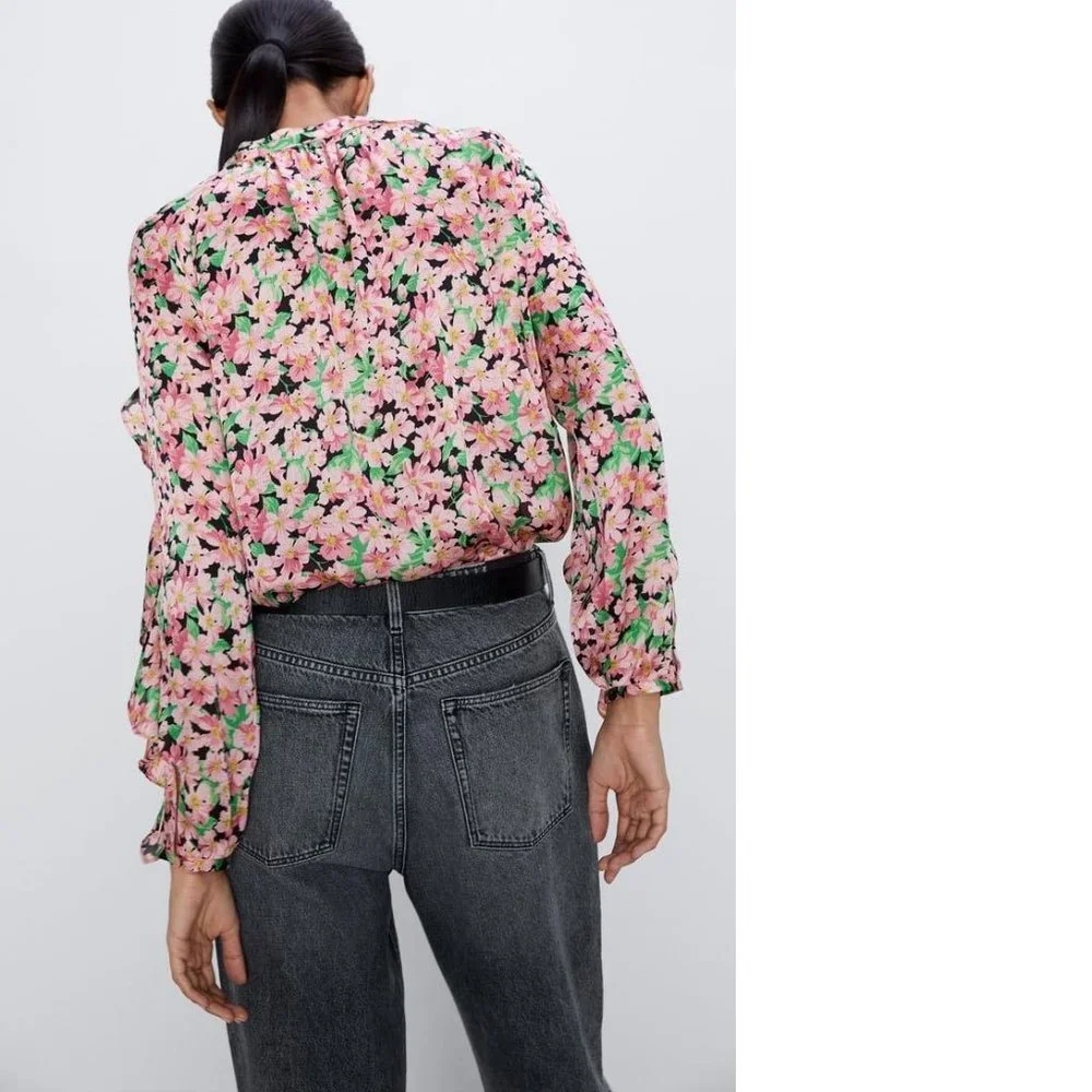 ZARA Women's Size Medium Pink Floral Long Sleeve V-Neck Ruffle Loose Blouse Top - Picture 10 of 11